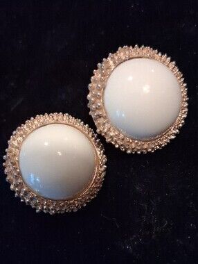 Trifari Vintage Gold-Tone Earrings with Cream Cabochon Centers.